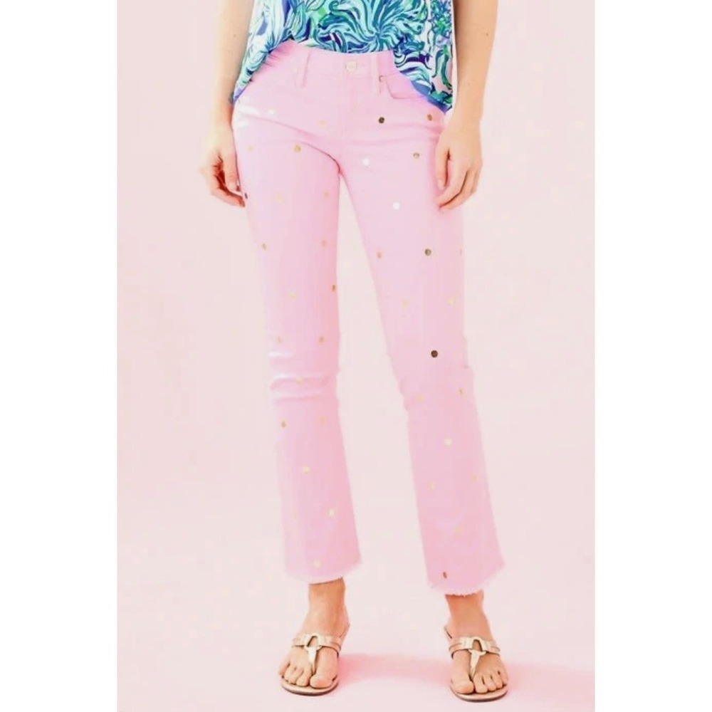 Lilly Pulitzer Worth Ankle Jeans Pink Gold Polka Dot‎ Raw Hem Size 8